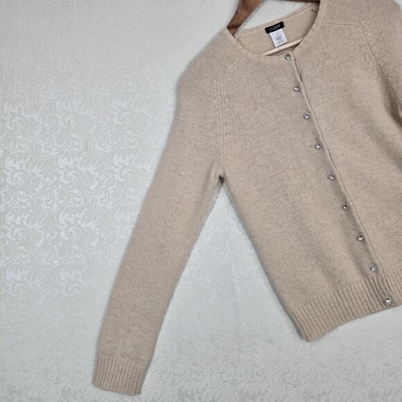 J Crew Lambs Wool Angora Rabbit Hair Cardigan sz M Beige Rhinestone Buttons - Picture 6 of 15